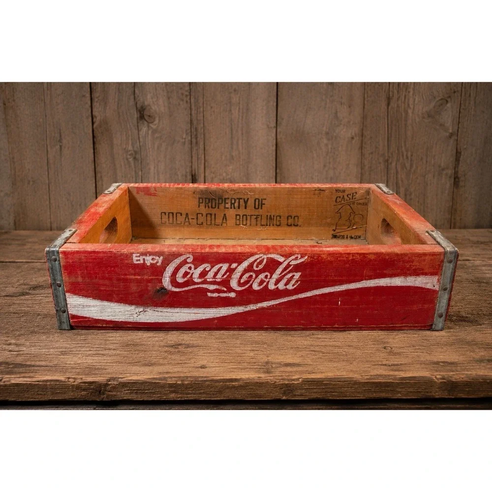 Mid Century Coca-Cola Red White Enamel Painted Wood Soda Crate Advertising Box